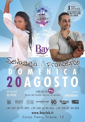 Un &quot;AperiBoom&quot; esplosivo al BAY CLUB di Sanremo: questa sera ospiti speciali Francesco e Selvaggia di &quot;Temptation Island&quot;