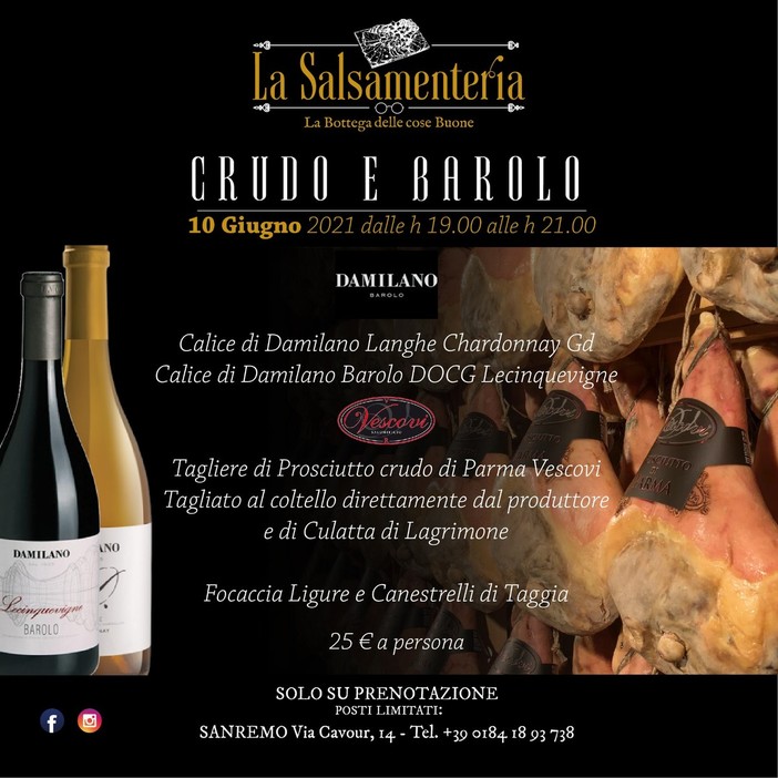 Barolo &amp; Crudo è il tema della prossima degustazione promossa dalla Salsamenteria Camilo di Sanremo