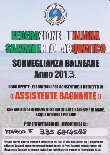 Sanremo: al via il 3 aprile, nuovo corso assistente bagnanti della Federazione Italiana Salvamento Acquatico