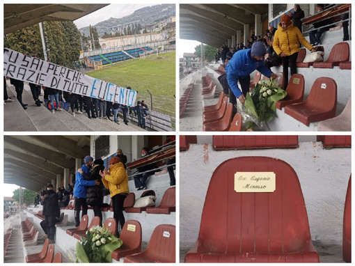 Imperia: la targa, i fiori, lo striscione dei tifosi: il commosso ricordo nel pre-partita per il patron Eugenio Minasso (foto e video)