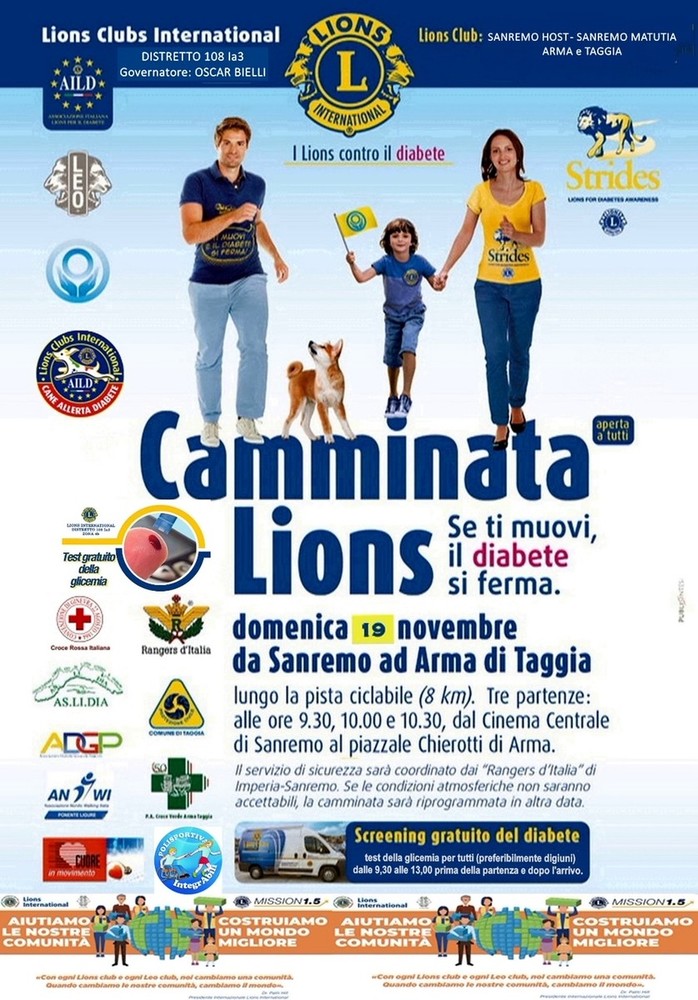 'Se ti muovi il diabete si ferma', i Lions Club Sanremo Host, Sanremo Matutia, Arma e Taggia contro il Diabete