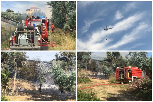 Imperia, incendio in una serra ad Artallo a ridosso dell'autostrada, intervento di protezione civile e vigili del fuoco: in azione anche l'elicottero (foto e video)