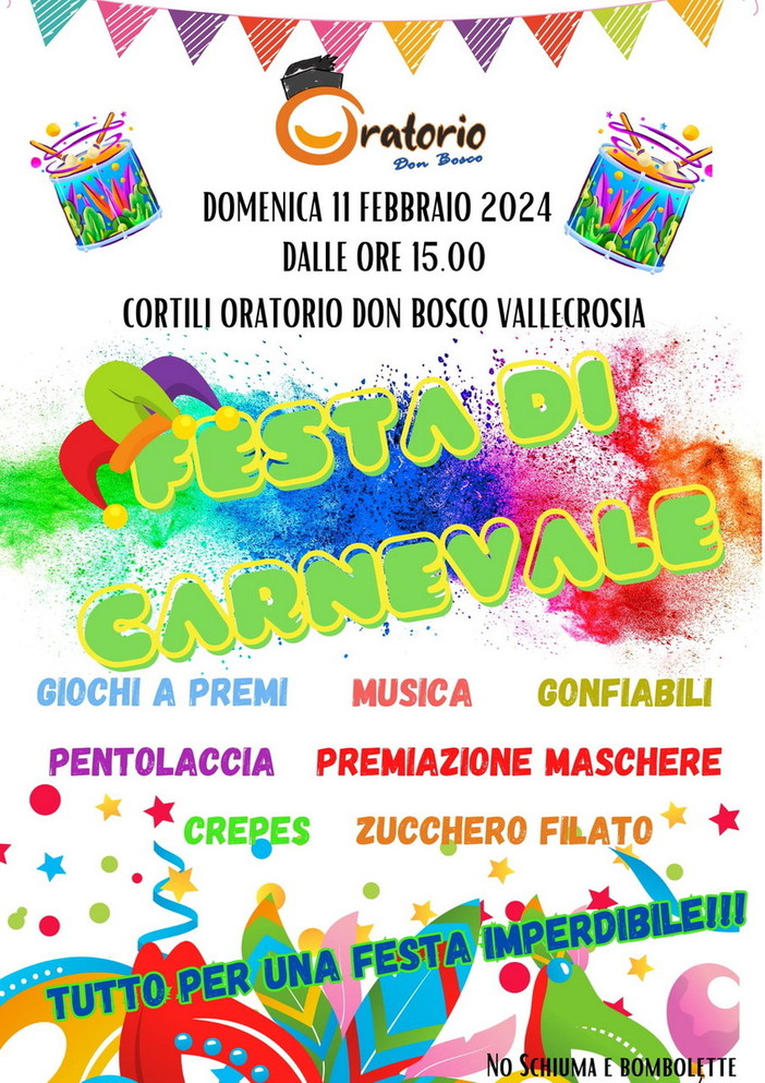 Vallecrosia: domenica prossima Festa di Carnevale all' Oratorio Don Bosco