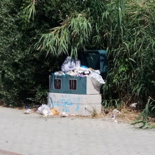 Pista ciclabile in pessimo stato con cassonetti stracolmi, la segnalazione con foto di un lettore