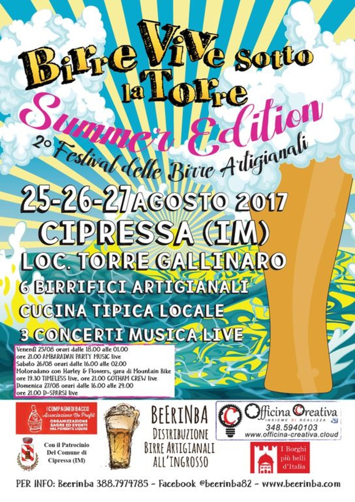 Cipressa: ad Agosto ritorna &quot;Birre vive sotto la Torre Summer edition&quot;. Tre giorni di birre artigianali, rock e cucina ligure