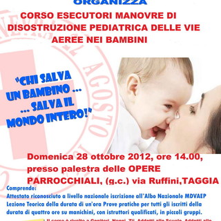 Taggia: manovre di disostruzione pediatrica, fino al 20 ottobre iscrizioni aperte al corso con la Croce Rossa