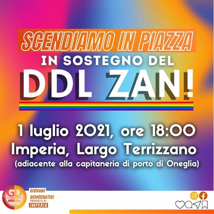 Il Partito Democratico di Sanremo aderisce alla manifestazione dei Giovani Democratici sul ddl Zan