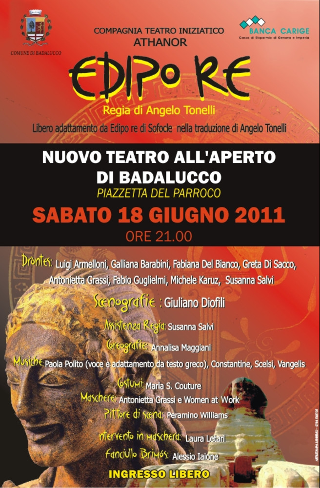 Badalucco: sabato 18, teatro in piazza con 'Edipo Re' della Compagnia Teatro Iniziatico Athanor