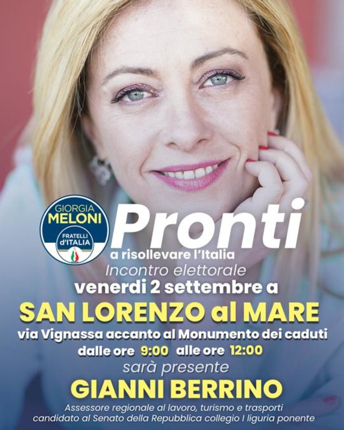 San Lorenzo al Mare: venerdì prossimo ﻿﻿﻿incontro elettorale di Fratelli d’Italia con Gianni Berrino