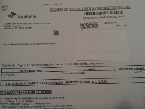 Equitalia chiede il pagamento del bollo 2010 per autovetture rottamate nel 2009. Diversi casi a Sanremo