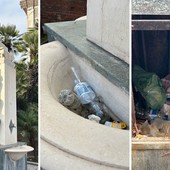 Sanremo, la fontana di piazza Cesare Battisti versa nel degrado: turisti accolti dai rifiuti