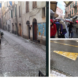 Grandinata per pochi minuti in centro a Sanremo, a Badalucco carrugi imbiancati