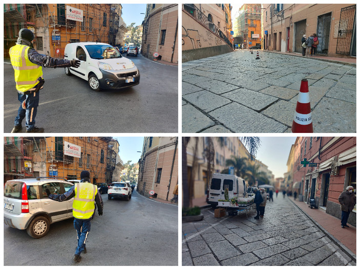 Imperia, rivoluzione viabilità in fondo a via Cascione: nei giorni di mercato doppio senso di circolazione. Sul posto la polizia locale (foto)