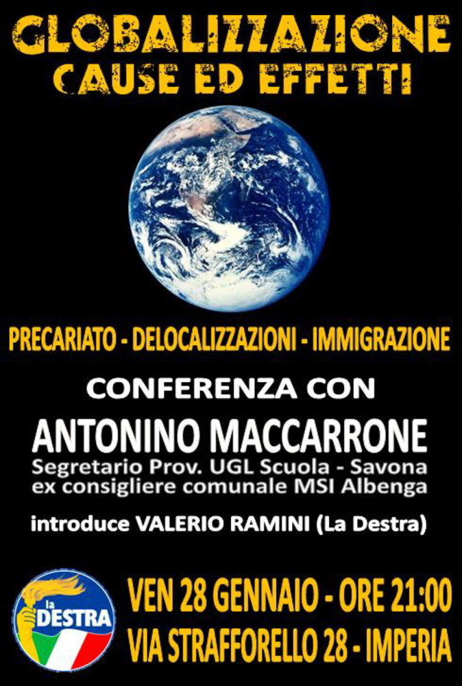 Imperia: venerdì un convegno sulla globalizzazione organizzato da La Destra