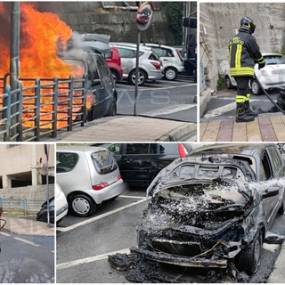 Sanremo: auto prende fuoco in un posteggio, intervento dei vigili del fuoco