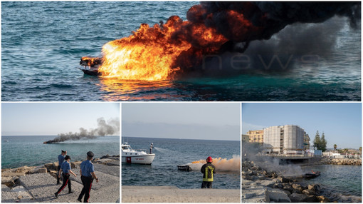 Sanremo: barca in fiamme davanti a porto vecchio, due persone a bordo (foto e video)