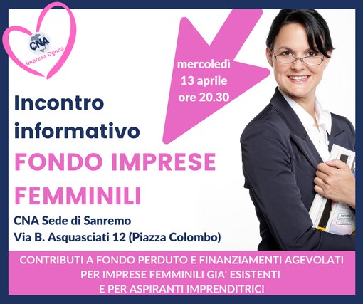 Fondo Impresa Femminile, questa sera un incontro di approfondimento nella sede di Sanremo