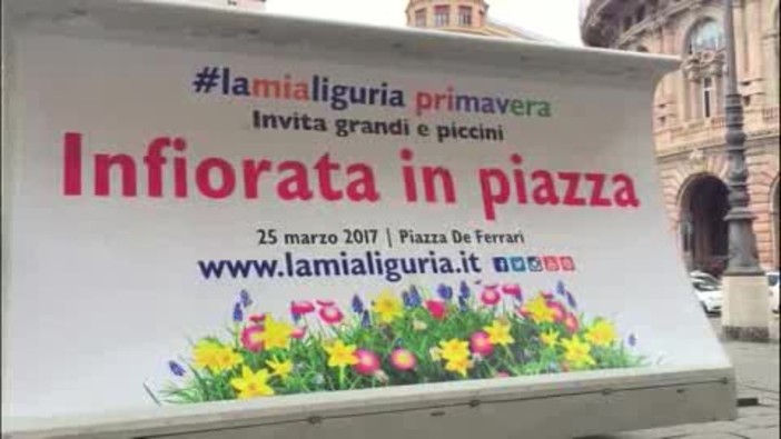 #Lamialiguria Primavera: conclusa l’infiorata in piazza De Ferrari, 8 ore di lavoro, 8500 fiori utilizzati