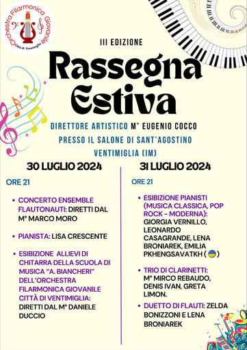 Ventimiglia, stasera e domani i concerti della Rassegna estiva insieme all'orchestra giovanile della città