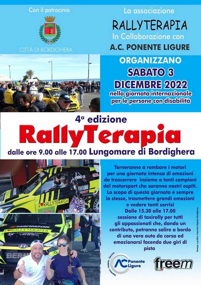 Bordighera: fine settimana prossimo ritorna la 4ª edizione dell'evento 'Rallyterapia'