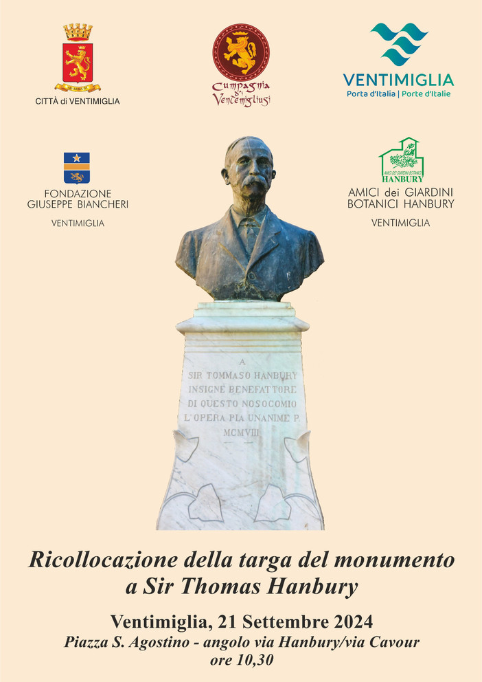 Ventimiglia, domani cerimonia per la ricollocazione della nuova targa al monumento di Sir Thomas Hanbury,