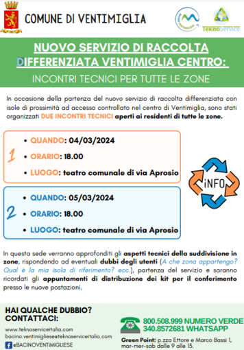 Ventimiglia, il 4 e il 5 marzo il Comune incontra i cittadini per la nuova raccolta differenziata