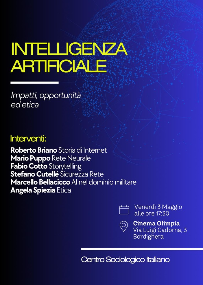 Bordighera: ‘Intelligenza Artificiale. Impatti, opportunità ed etica', incontro al cinema Olimpia