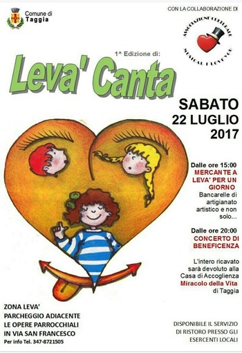 Taggia: sabato 22 luglio prima edizione di Levà Canta, un concerto di beneficenza e non solo