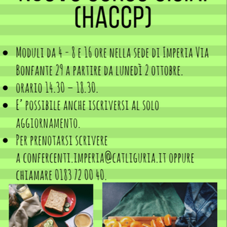 Imperia: iscrizioni aperte per il corso OSA HACCP per le imprese alimentari e chi somministra bevande ed alimenti