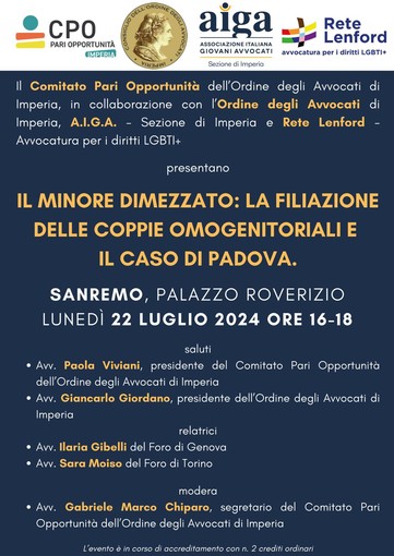 Sanremo, lunedì 22 il convegno “Il minore dimezzato: la filiazione delle coppie omogenitoriali e il caso di Padova”