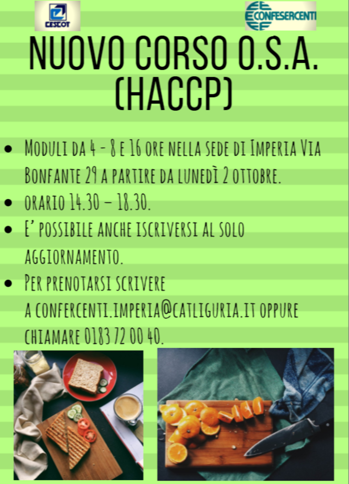 Imperia: iscrizioni aperte per il corso OSA HACCP per le imprese alimentari e chi somministra bevande ed alimenti