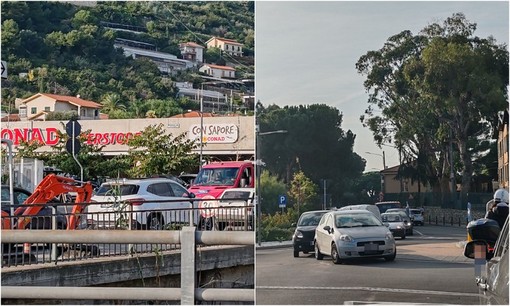 Vallecrosia, lavori in via Roma creano lunghe code: traffico in tilt (Foto)