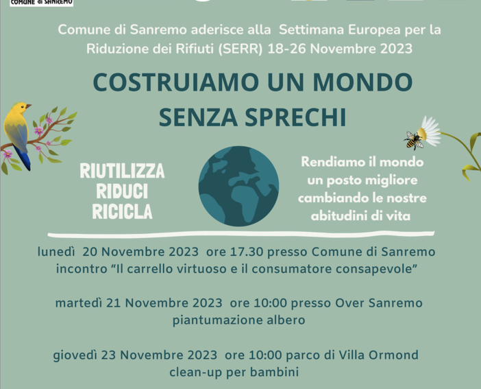 Le iniziative dell’assessorato all’ambiente di Sanremo per la “Settimana Europea della Riduzione dei Rifiuti”