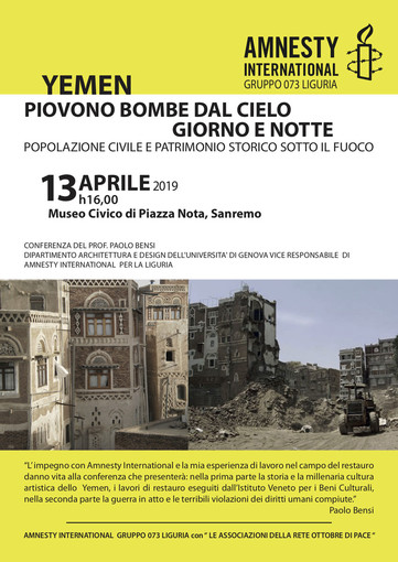 Sanremo: sabato a Palazzo Nota una conferenza sullo Yemen organizzata da Amnesty