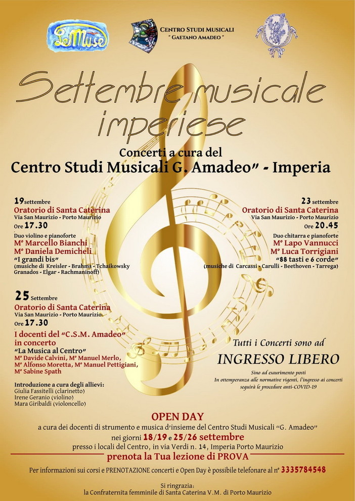 ‘Settembre musicale imperiese’, da domenica al via stagione concertistica del Centro studi musicali ‘G. Amadeo’