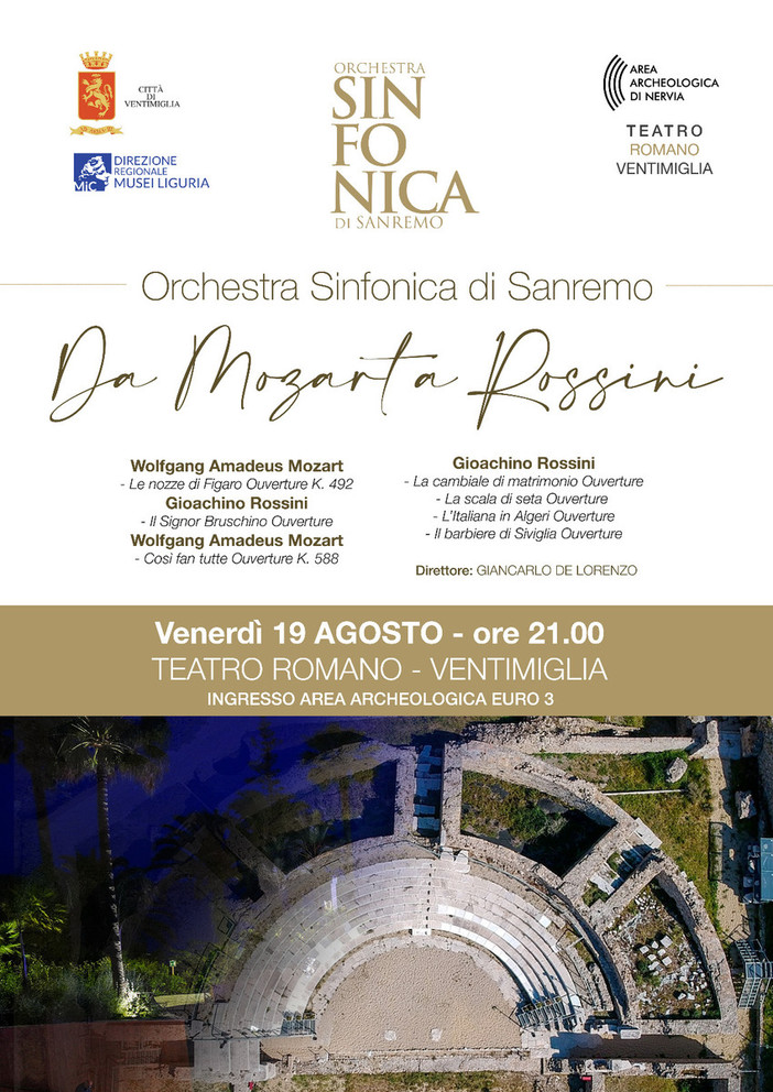 Venerdì al teatro romano di Ventimiglia il concerto della Sinfonica di Sanremo: &quot;Da Mozart a Rossini&quot;