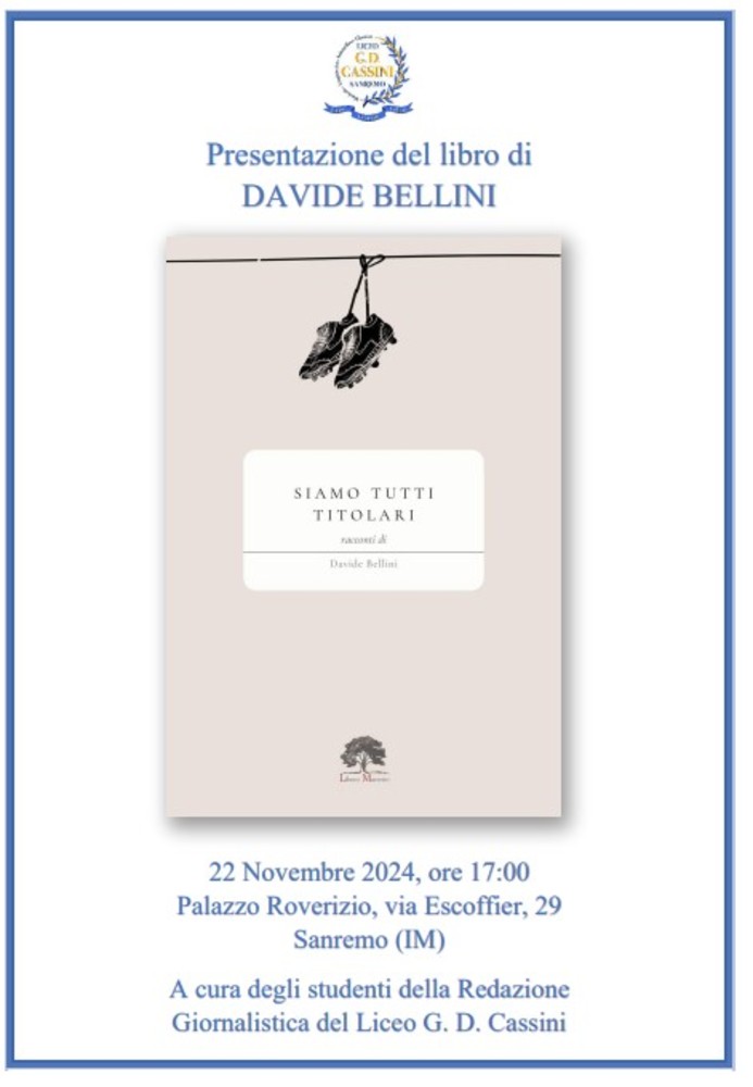 Sanremo, venerdì la presentazione del libro di Davide Bellini 'Siamo tutti titolari'