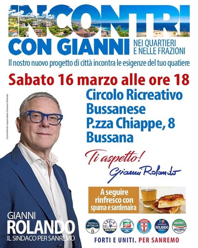 Elezioni Sanremo, Proseguono gli incontri sul territorio di Gianni Rolando: sabato 16 marzo a Bussana