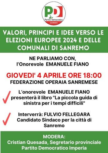 Sanremo, giovedi incontro pubblico del Pd: &quot;Valori, principi e idee verso le elezioni europee 2024 e delle comunali &quot;