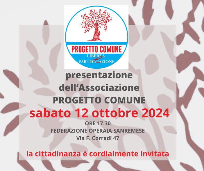 Domani alla federazione operaia sanremese la presentazione della nuova associazione Politico-socio-culturale' Progetto Comune'