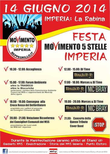 Imperia: rinviata a sabato 21 giugno la festa del Movimento 5 Stelle alla Rabina