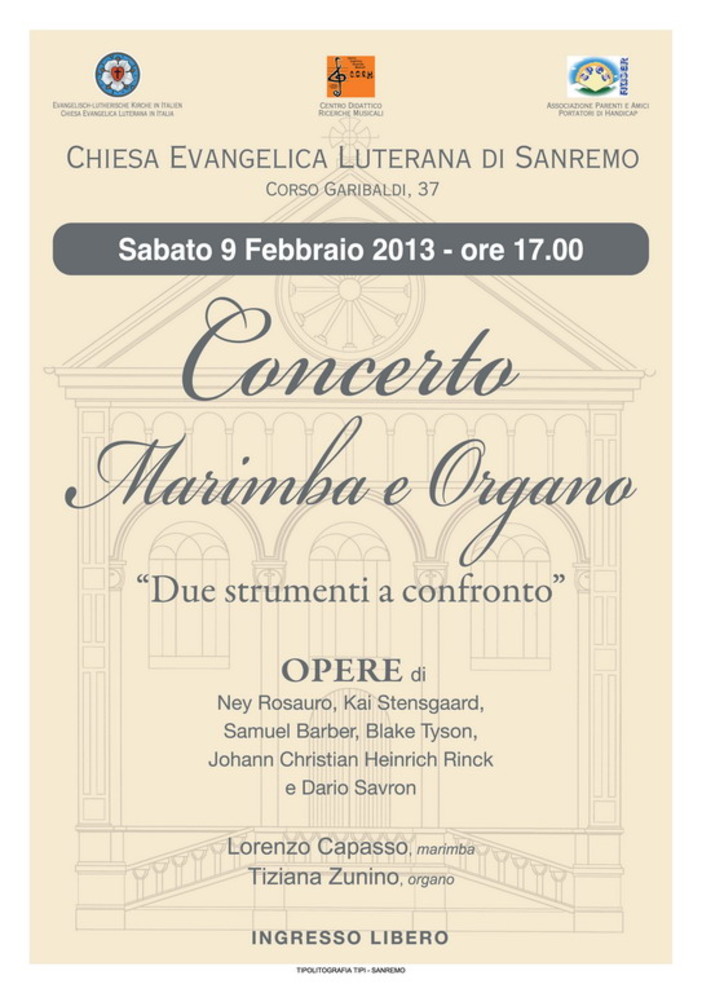 Sanremo: sabato prossimo concerto marimba e organo alla Chiesa Luterana