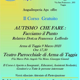 Arma di Taggia: a marzo il corso gratuito aperto a tutti, &quot;Autismo che fare, facciamo il punto&quot;