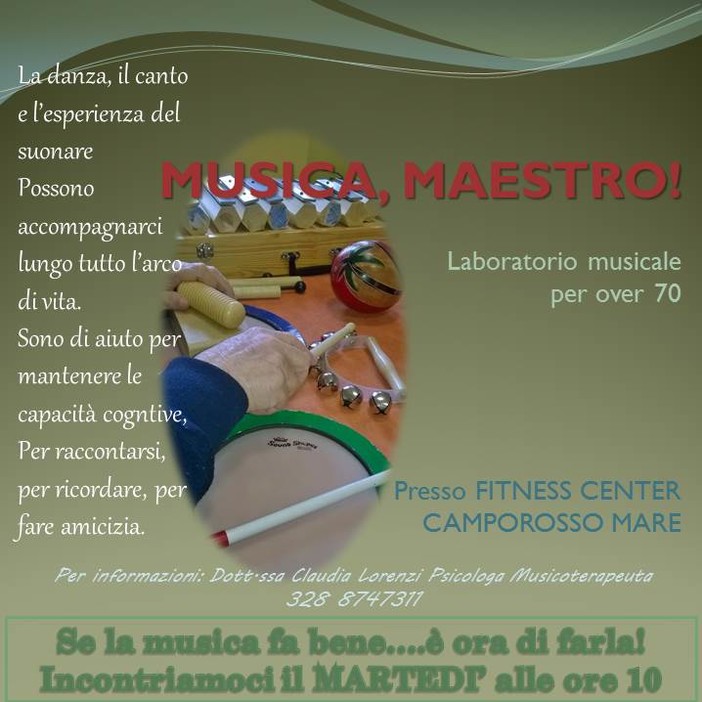 Camporosso: dal 29 marzo, al via laboratori musicali per anziani alla palestra Fitness Center