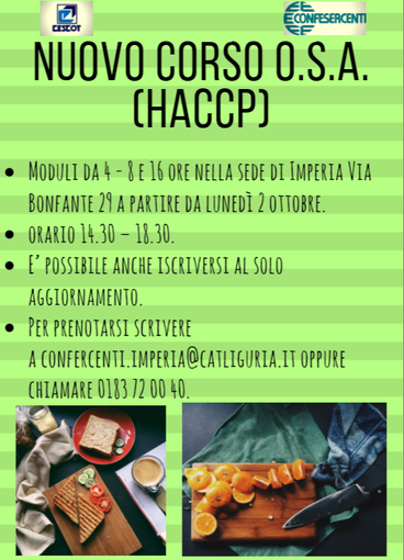 Imperia: iscrizioni aperte per il corso OSA HACCP per le imprese alimentari e chi somministra bevande ed alimenti