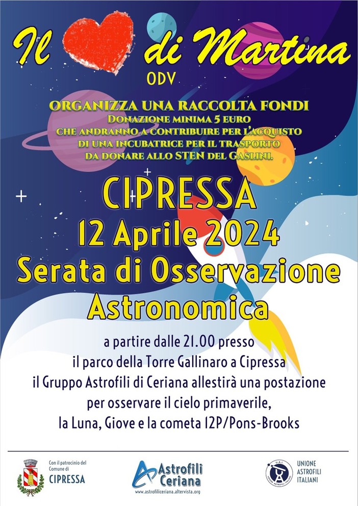 Cipressa, venerdì serata di osservazione astronomica con raccolta fondi per aiutare 'Il cuore di Martina'