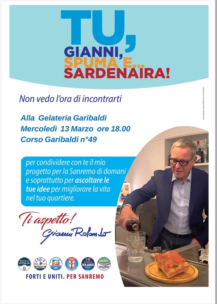 Elezioni Sanremo, secondo appuntamento con &quot;Spuma e Sardenaira&quot;: proseguono gli incontri nei quartieri di Gianni Rolando