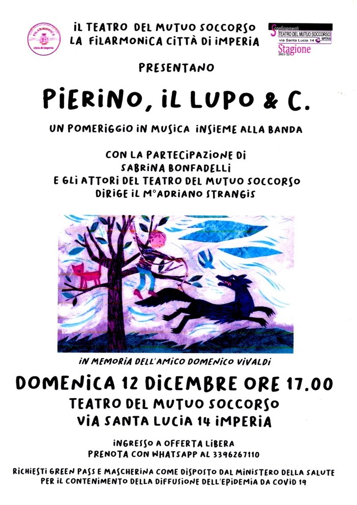 La Filarmica di Imperia e il teatro del Mutuo Soccorso domenica insieme con lo spettacolo 'Pierino e il lupo'