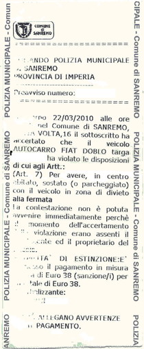 Sanremo: riceve una multa sulla quale si legge 'poco'