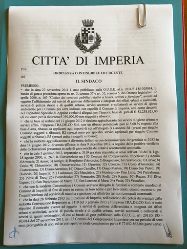 Imperia: il Sindaco Carlo Capacci ha firmato questa mattina l'ordinanza che assegna il servizio rifiuti a Teknoservice